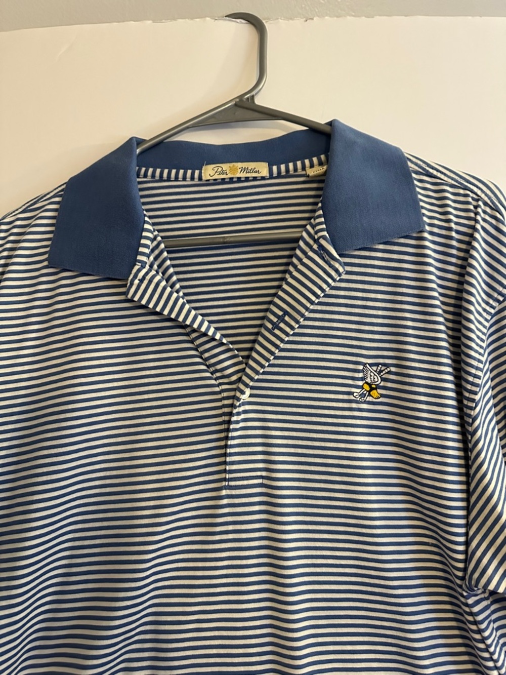 Peter Millar Striped Polo with Winged Foot Country Club Emblem - Blue & White